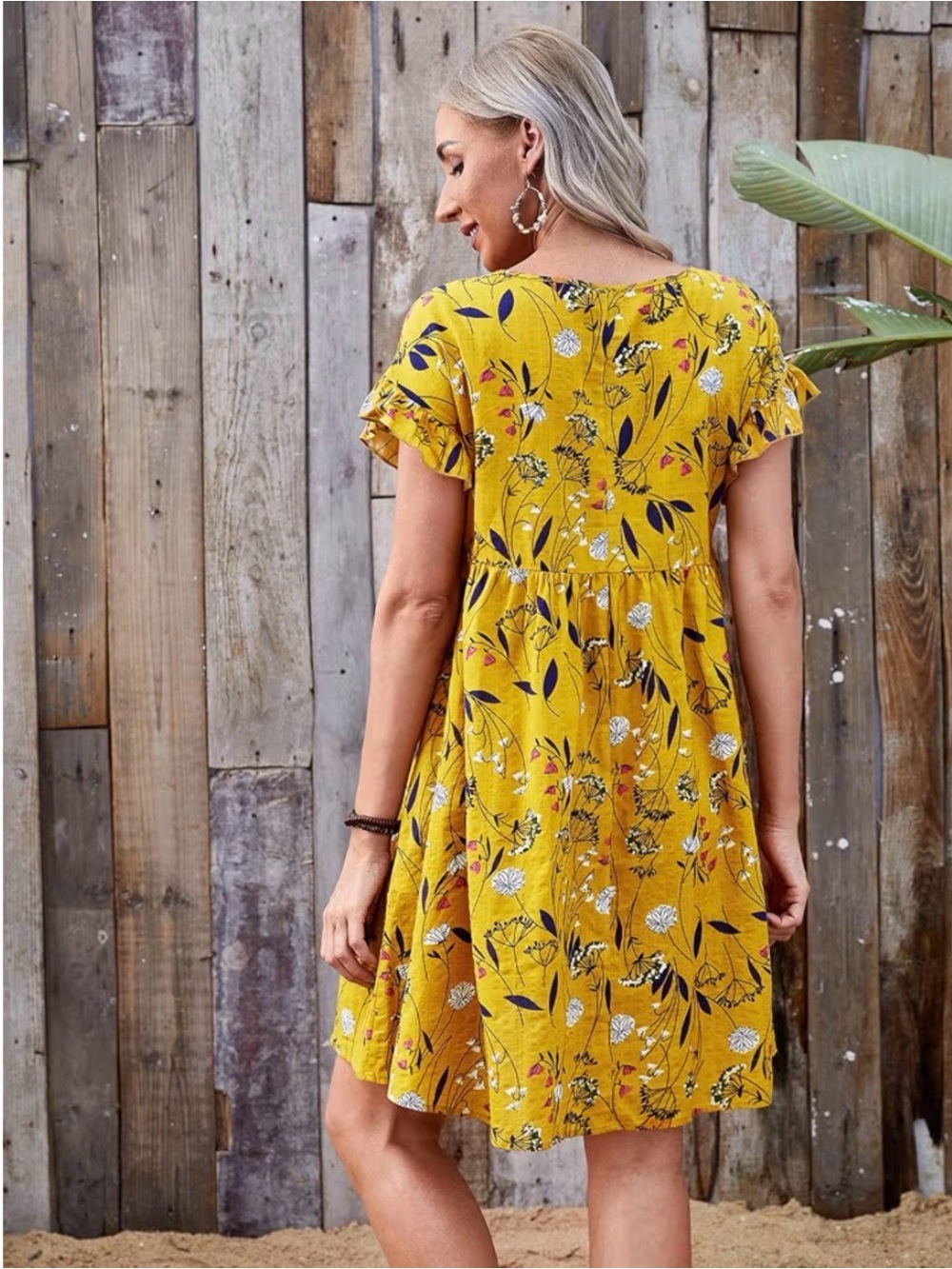 Emery Rose Yellow Floral Ruffle Short Sleeve Babydoll Dress Womens Size Medium - Picture 4 of 13
